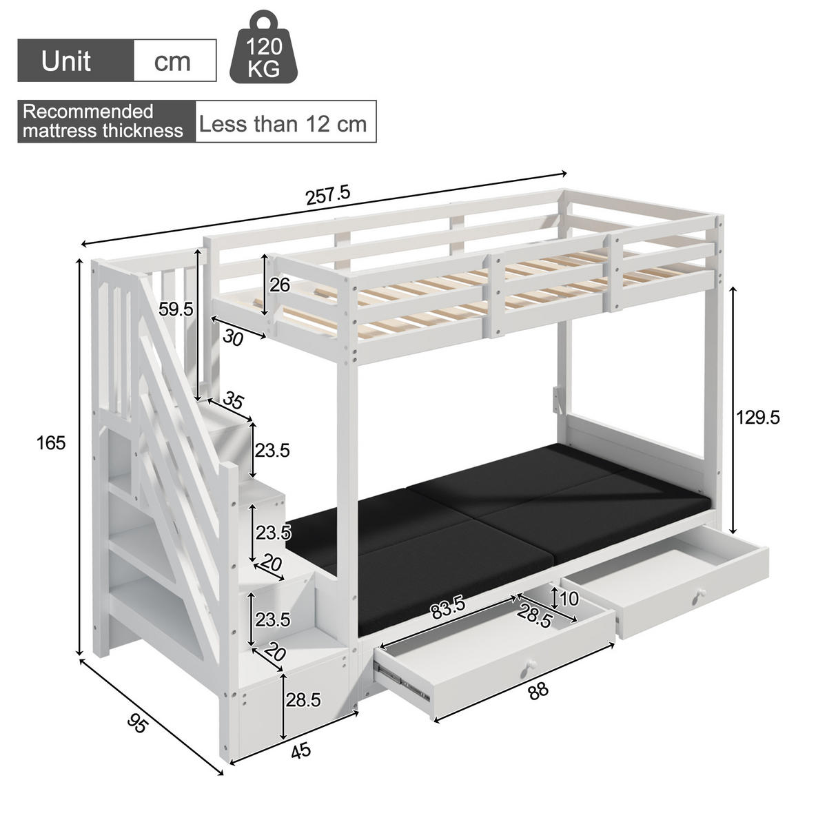 HOCHBETT 90x200 cm in Weiß mit Sofa, Treppenschrank und 2 Schubladen - Weiß, Holz (90/200cm) - IVMEU