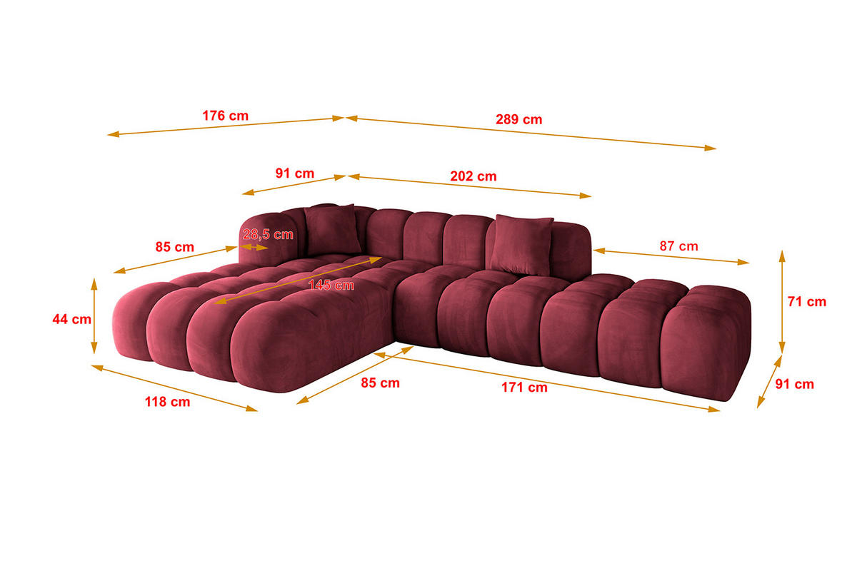 ECKSOFA Ottomane Links OLEA-L2 - 289x176x71 cm Bordeaux - Bordeaux/Schwarz, Holzwerkstoff/Kunststoff (289/176cm) - ALTDECOR