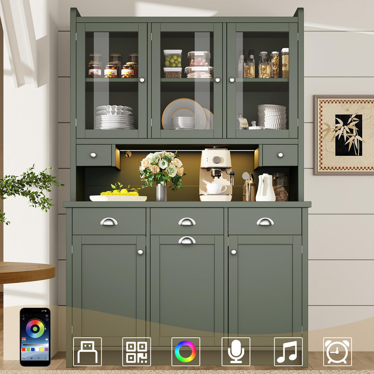 HIGHBOARD in Grün Buffet mit verstellbaren Regalen, Glastüren und LED, B120/T40/H180cm - Transparent/Grün, Glas/Holzwerkstoff (120/180/40cm) - STILVORA