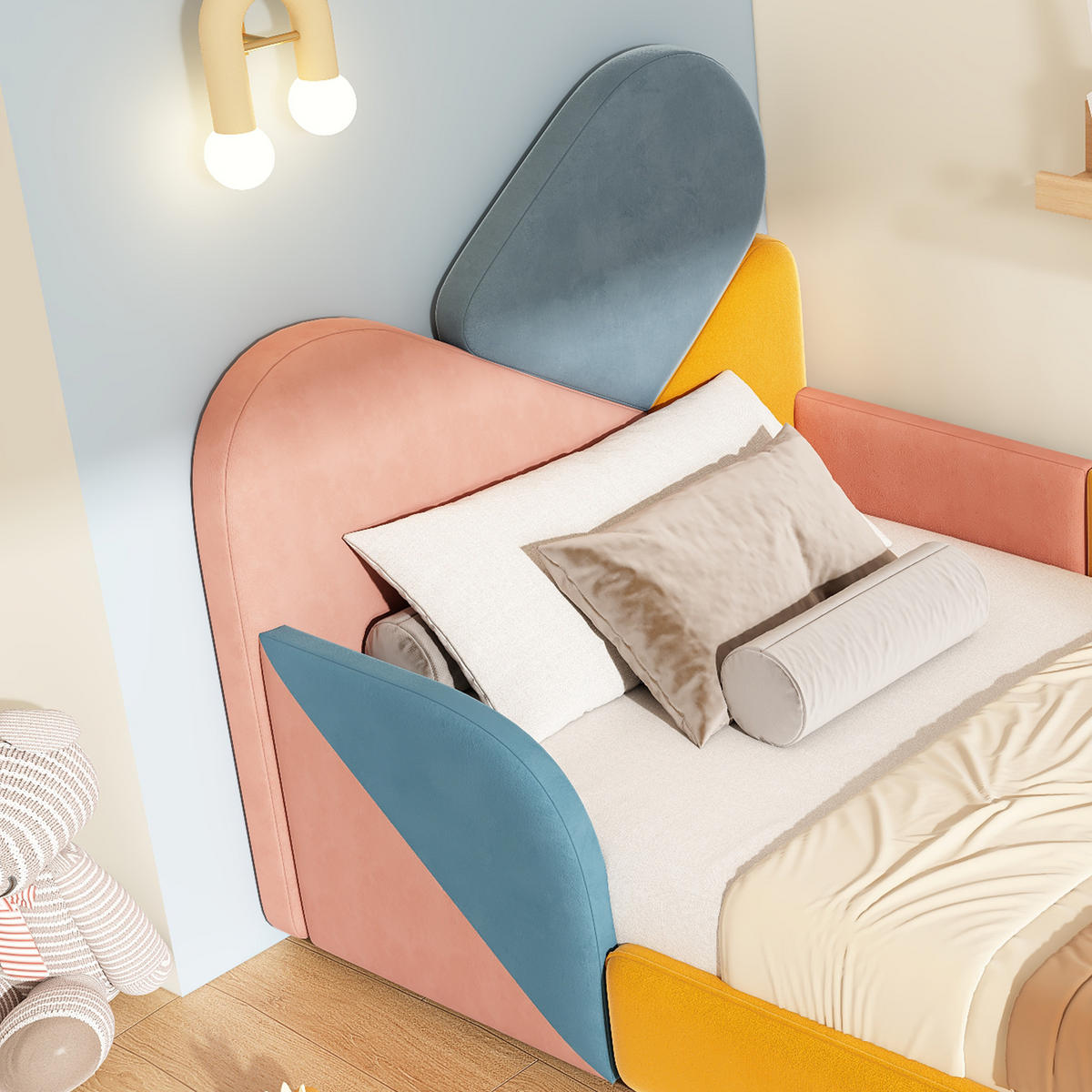 POLSTERBETT 90/200 cm in Blau mit erhöhtem Seitenschutz, gepolstertem Kopfteil und Fußteil aus Samt - Blau/Rosa, Holzwerkstoff/Textil (90/200cm) - STILVORA