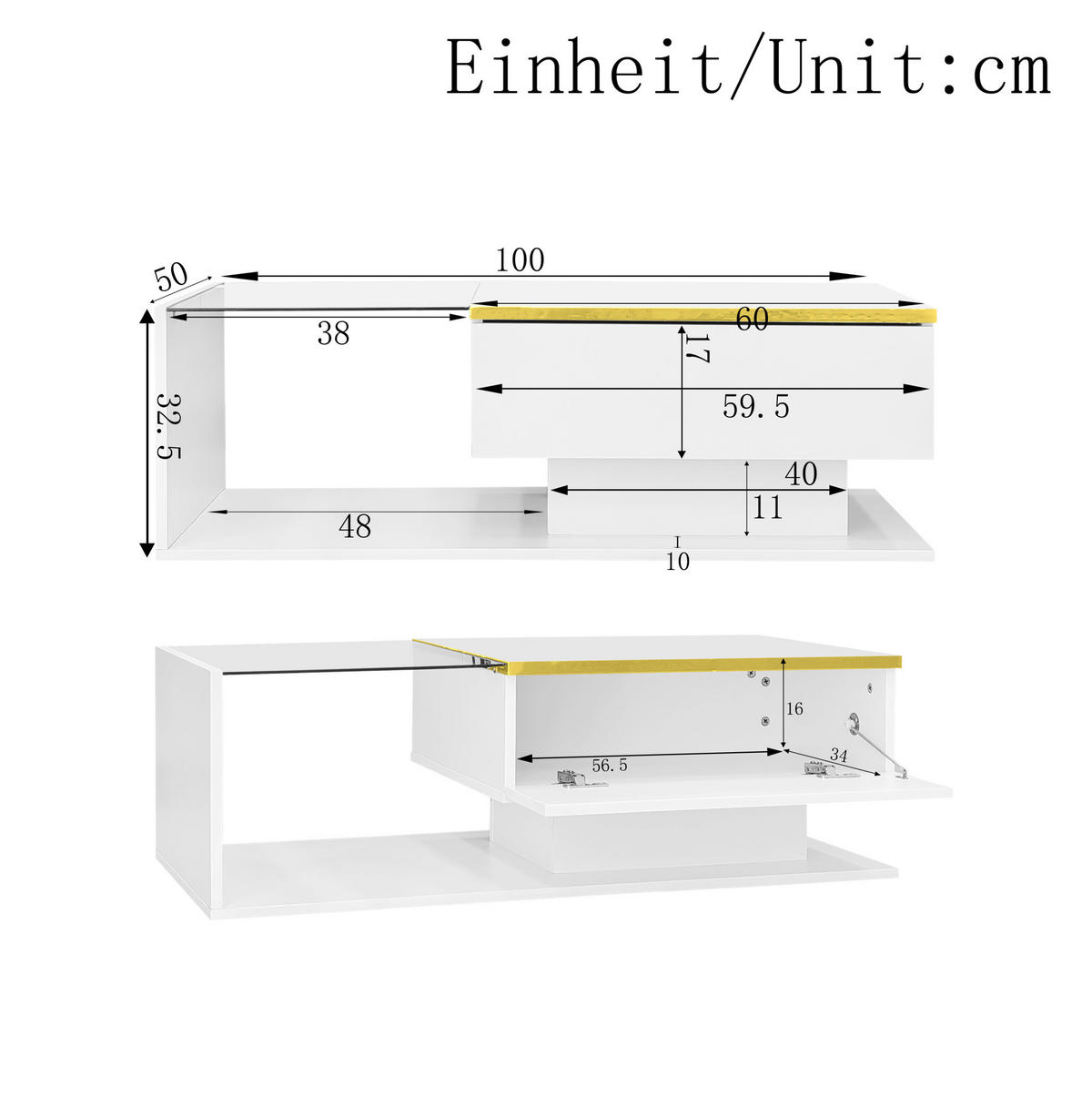 COUCHTISCH aus Spanplatte 100x50x32,5 cm Weiß Hochglanz mit Glasplatte und LED-Beleuchtung - Weiß, Holzwerkstoff (100/50/32.5cm) - IVMEU
