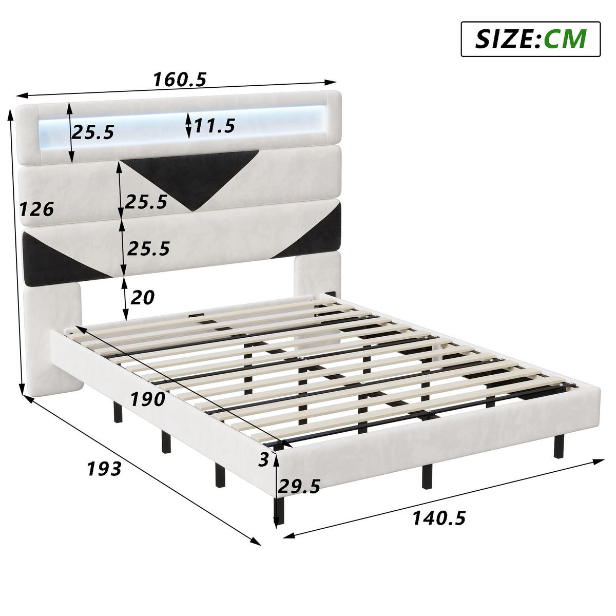 POLSTERBETT 140x190 cm, Weiß/Schwarz, LED-Beleuchtung und USB - Schwarz, Textil/Metall (140/190cm)