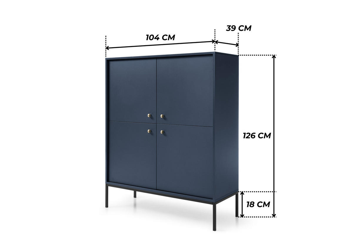 HOCHKOMMODE BARI KW4D (Blau, Goldene Griffe, Schwarzes Gestell) - Goldfarben/Schwarz, Holz/Holzwerkstoff (104/126/39cm) - Ravio