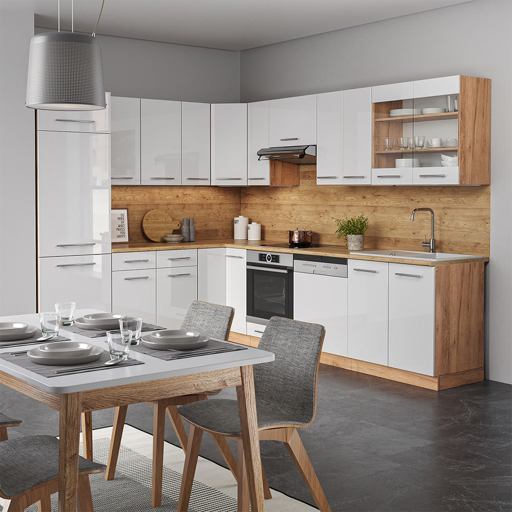 Thumbnail - Vicco Eckküche, Weiß Hochglanz, Honigeiche, Holzwerkstoff, L-Form,Formgebogen, 227x81.6x60 cm, Küchen, Eckküchen, Eckküc...