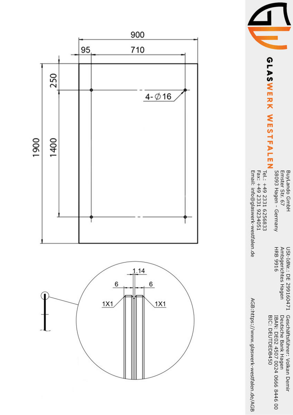 GLASVORDACH 190x90 cm Sicherheitsglas Edelstahl Klarglas V-RAL7016 - Transparent, Glas (190/1.31/90cm) -  Glaswerk Westfalen