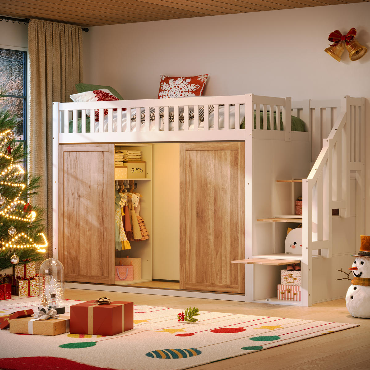 HOCHBETT 90/200 cm mit Kleiderschrank, Treppenschrank und App-gesteuerter LED-Lichtleiste, Weiß/Eichefarben - Weiß, Holzwerkstoff (90/200cm) - Redom