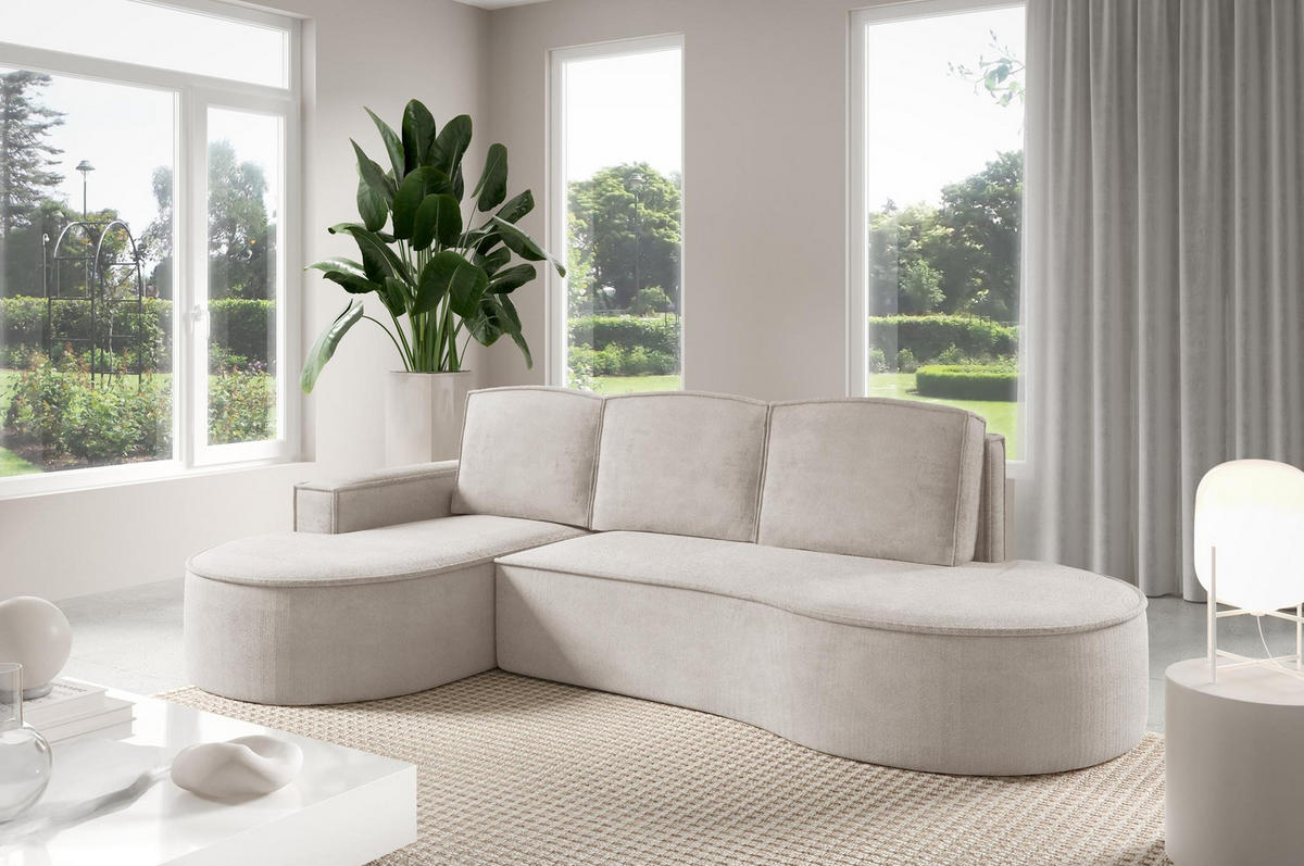ECKSOFA Flow Weiß, mit Schlaffunktion und Kissen in Curio Stoff, linke seite - Weiß, Holzwerkstoff/Textil (277/157cm) - Bettso