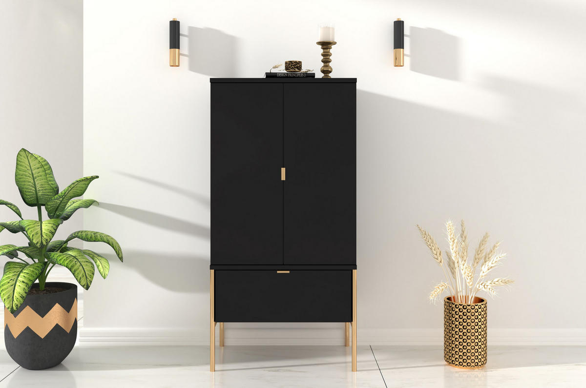 HIGHBOARD Polka, Schwarz, Goldene Details - Goldfarben/Schwarz, Holzwerkstoff/Metall (60/120/37cm) - Skandica