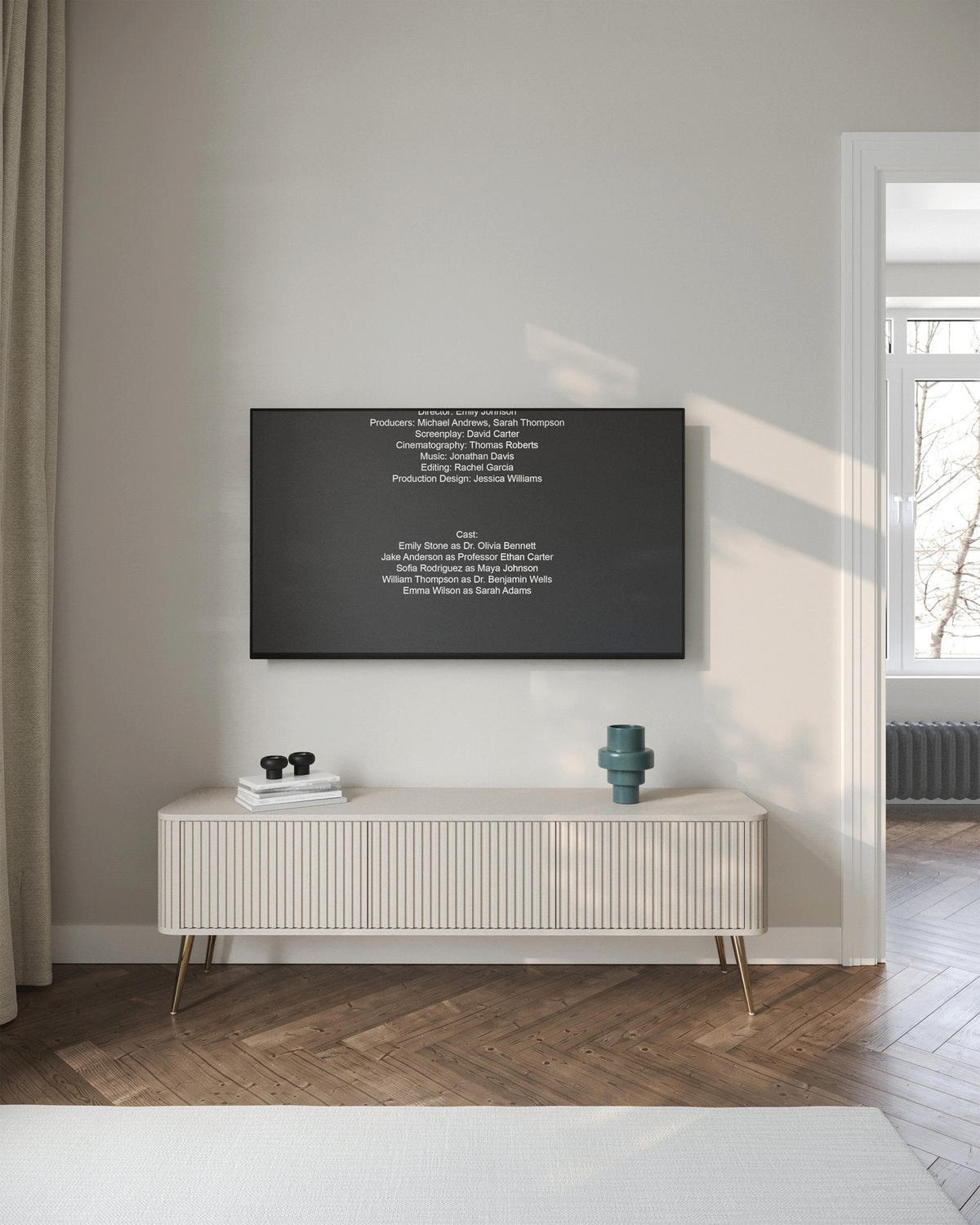 TV stolík Ovarlo sivobéžový s drážkovanými čelami 3-dverový 163/49/38 cm - zlatá/taupe, kov/kompozitné drevo (163.2/49.2/38cm) - Selsey
