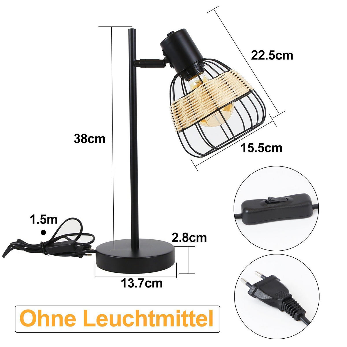 TISCHLEUCHTE Bambuskäfig 16/13.7/38 cm - Schwarz, Metall (13.7/16/38cm) - Nettlife