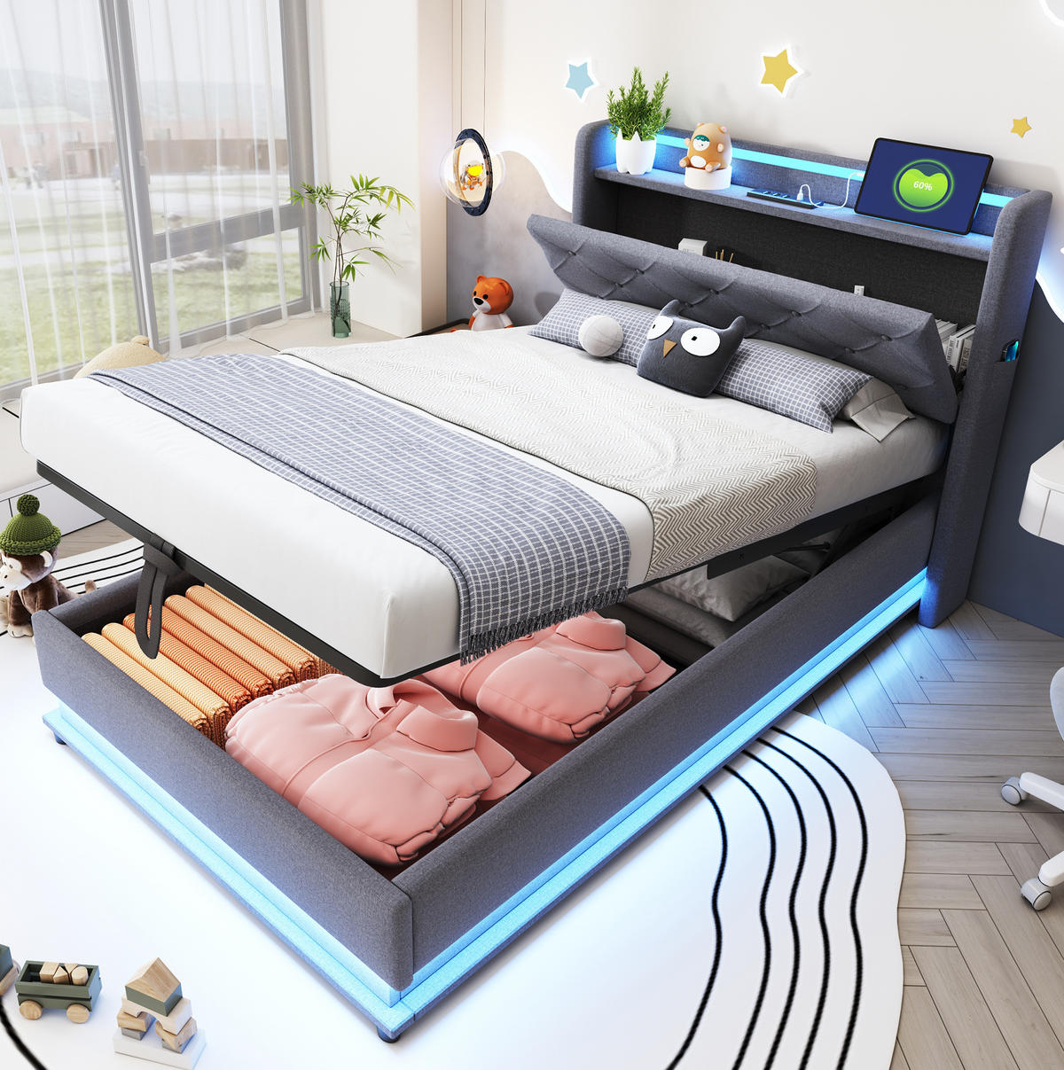 POLSTERBETT mit Stauraum und LED 90x200 cm Leinenstoff Grau - Grau, Metall (90/200cm) - Beauniv