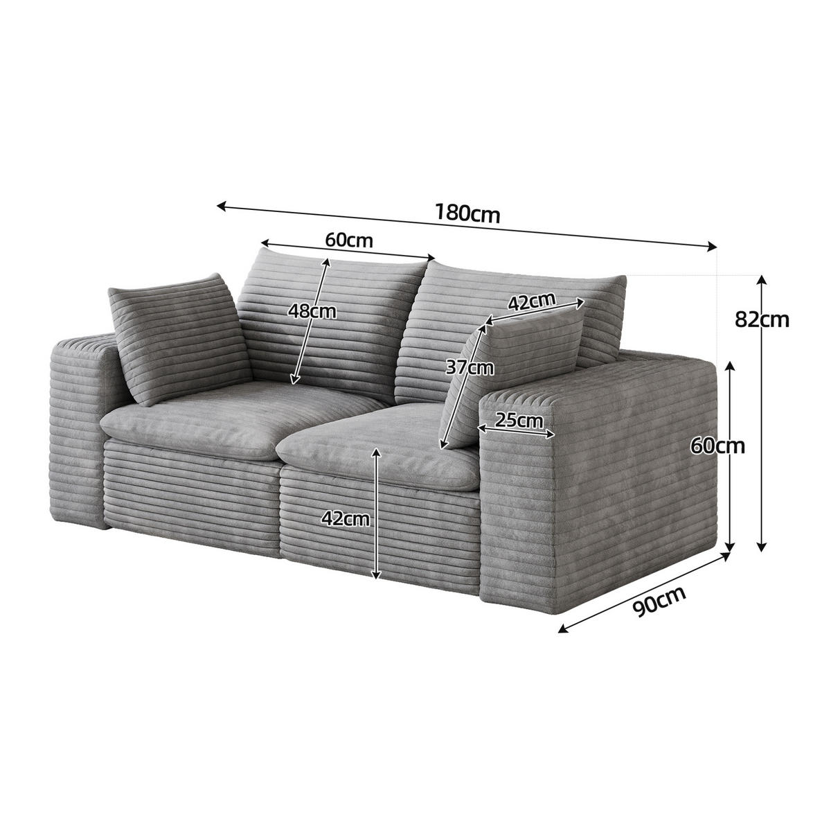 SOFA modular 180 cm Stoff Grey - Grau, Kunststoff (90/60/180cm) - Meubliv