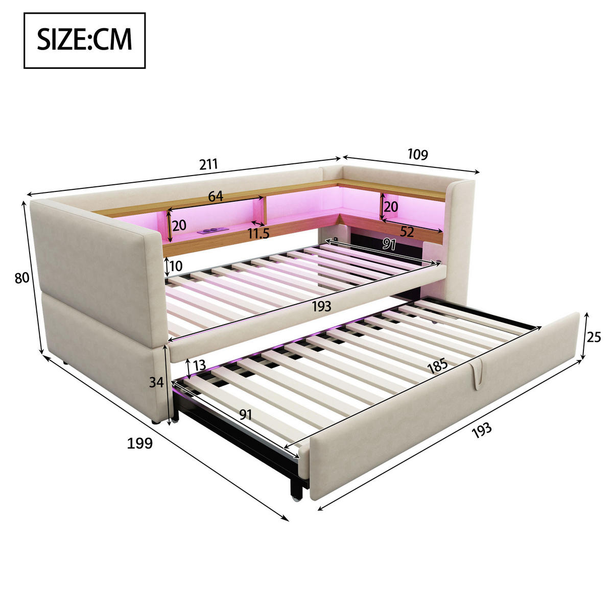 ČALÚNENÉ rozkladacie gaučové lôžko z flanelu 90x190 cm béžové s LED osvetlením, zásuvkami a úložnými priehradkami - béžová, textil (90/190cm) - Modfu