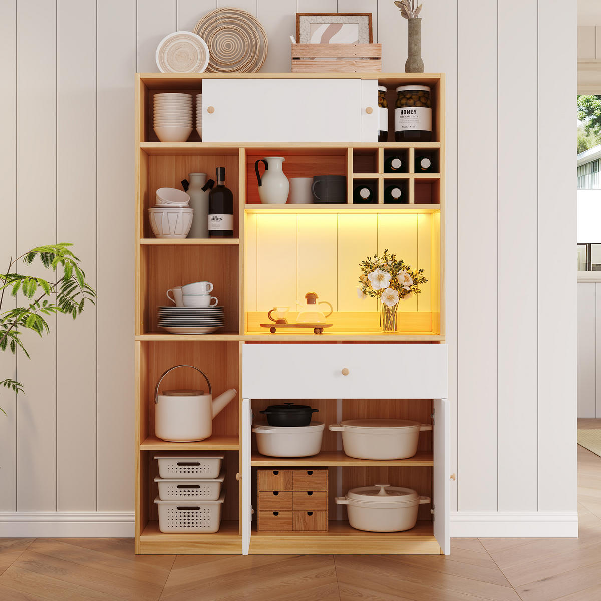 BUFFET SCHRANK LED 3 Türen Schublade Regale 180cm Weiß - Multicolor, Holzwerkstoff (115/180/35cm) - FLIEKS