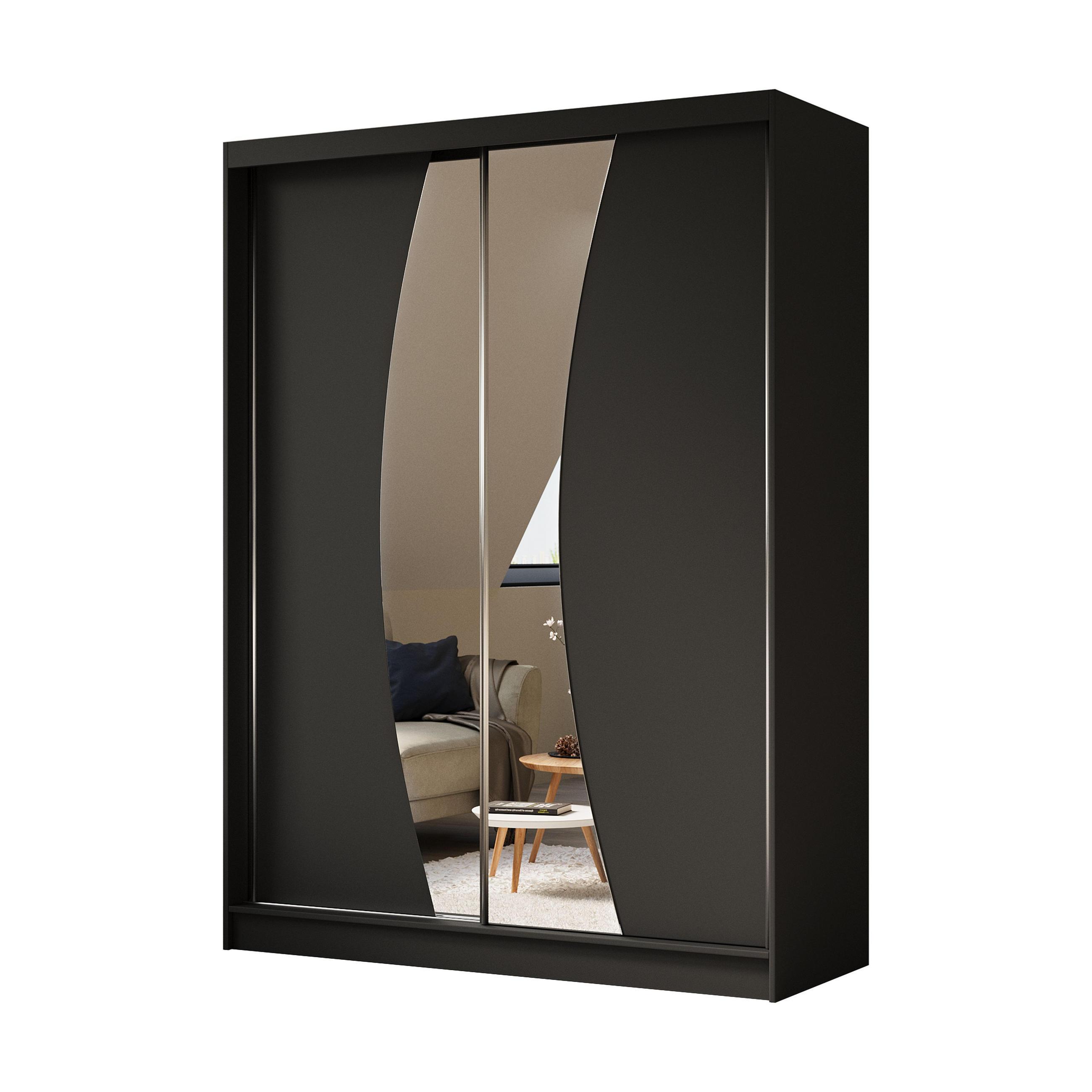 SCHWEBETÜRENSCHRANK VOCE 160/216/61 cm 2-türig mit Spiegel Schwarz - Schwarz, Holzwerkstoff (160/216/61cm) - MASSENO