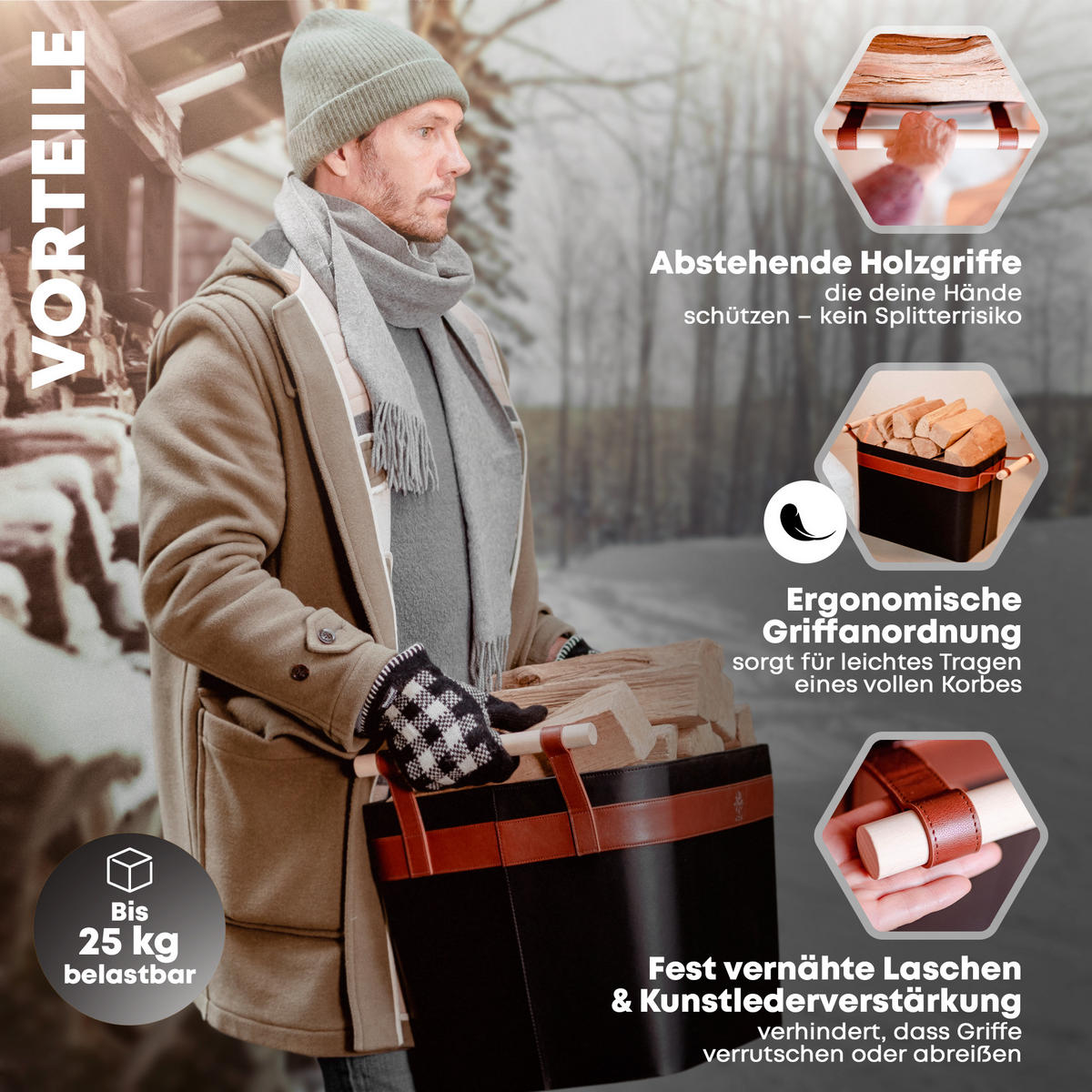 KAMINHOLZKORB LuxeLeather veganes Leder mit ausreißsicheren Holzgriffen 50/40/35 cm - Schwarz, Kunststoff (40/35/50cm) - OAKAGE