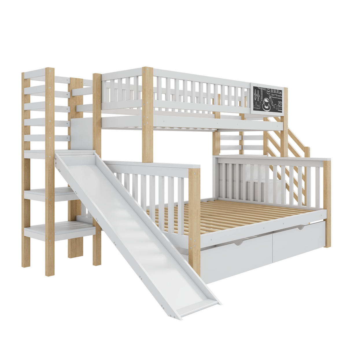 ETAGENBETT 90/200 & 140/200 cm aus Kiefer massiv mit Rutsche, Treppe und Stauraum Weiß/Natur - Weiß, Holz (140/200cm) - Modenvie