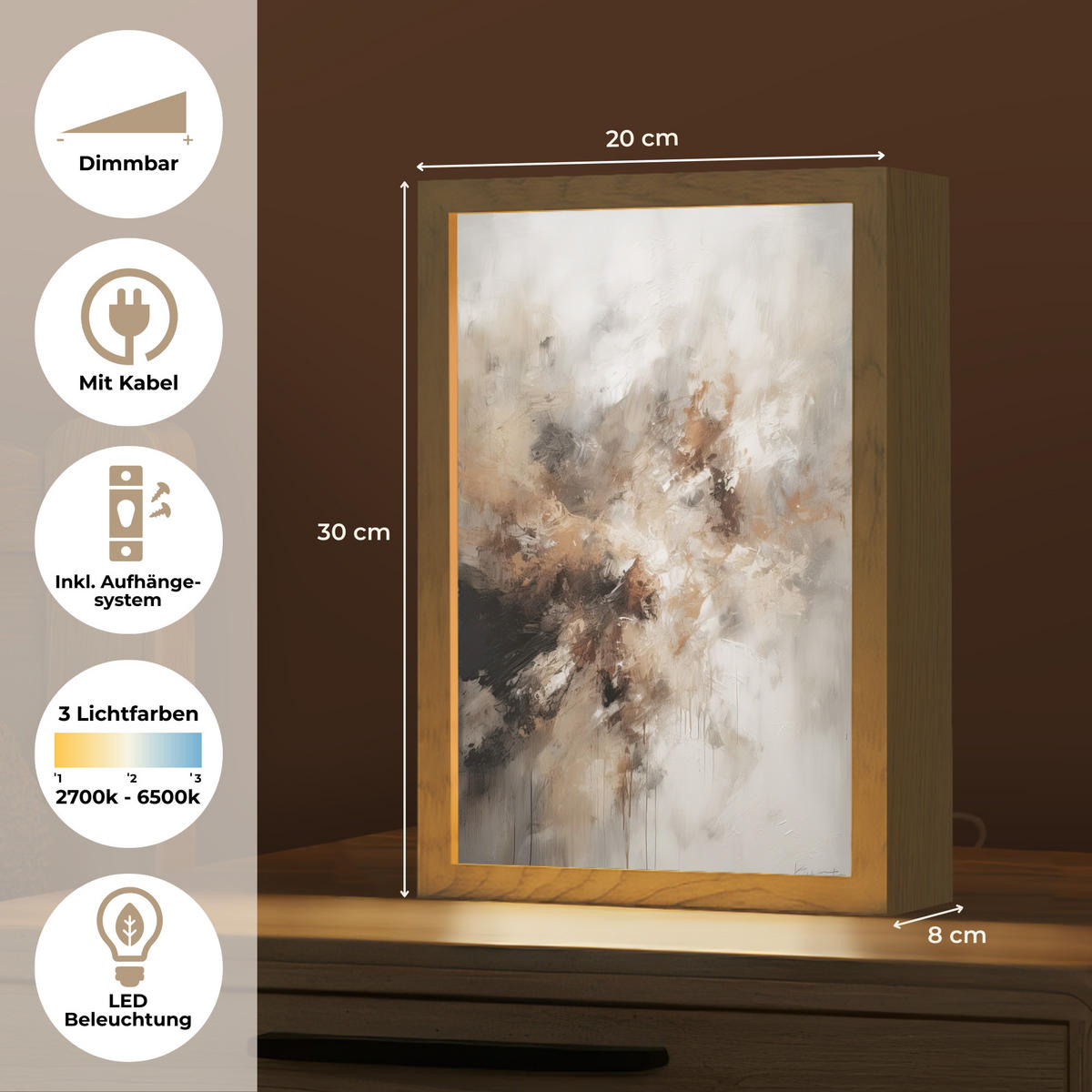 TISCHLEUCHTE Farbe - Abstrakt - Beige - Kunst 20x30 cm - Apfelbaumfarben, Holzwerkstoff (8/20/30cm) - OnlyWow