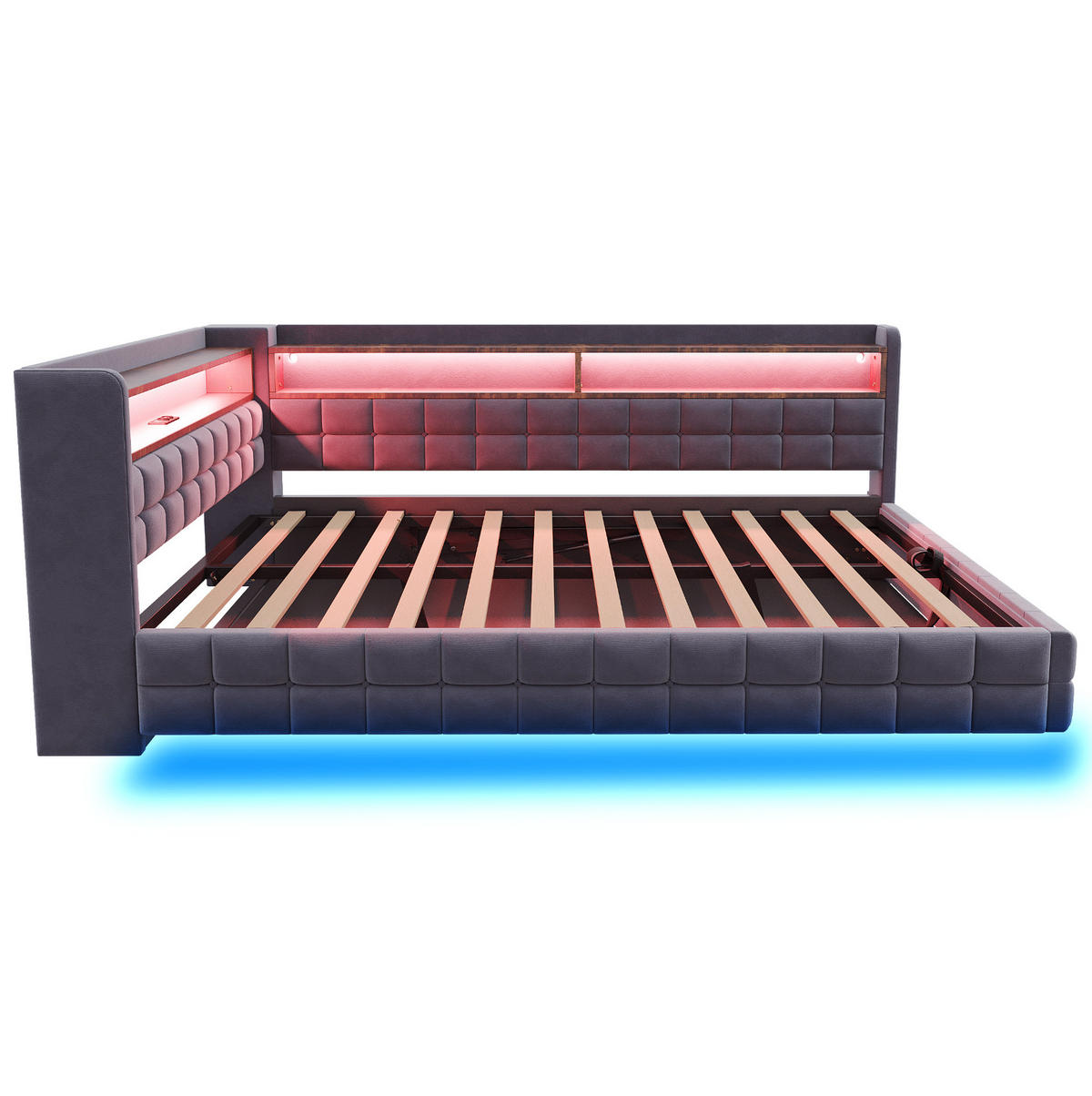 POLSTERBETT 140/200 cm mit LED-Beleuchtung, Steckdose, USB-, Typ-C-Anschluss und Bettkasten, Grau - Grau, Textil (140/200cm) - Redom