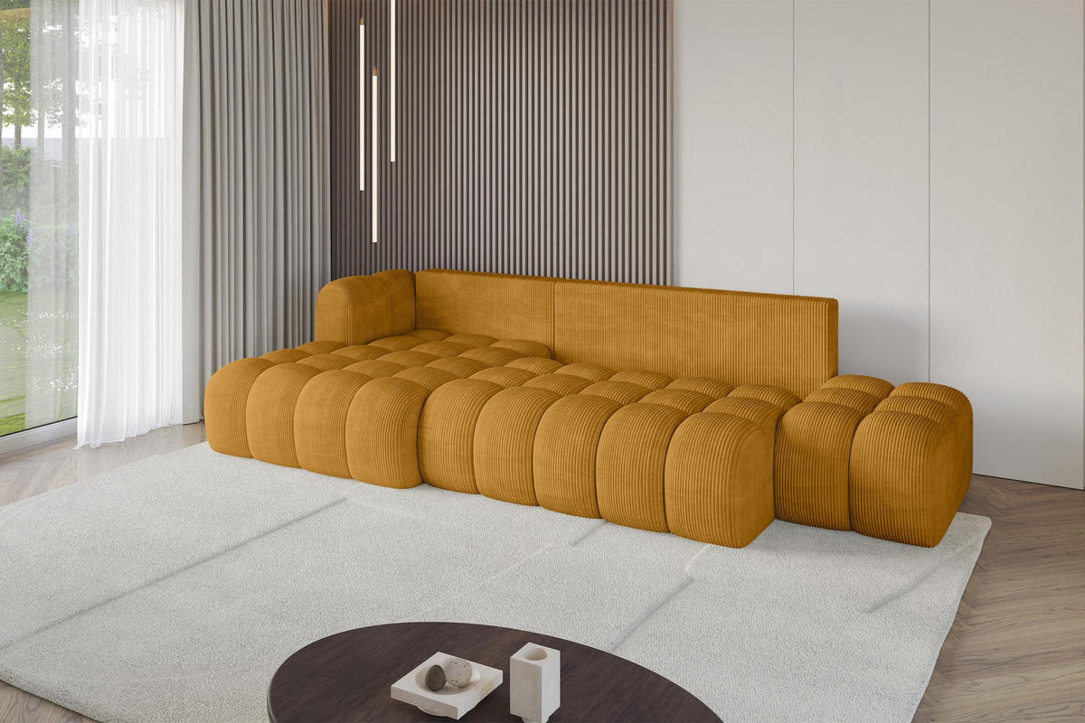 ECKSOFA mit Schlaffunktion Ottomane Links OLEA-L2 321x164x75 Senfgelb Cord - Schwarz/Honig, Holzwerkstoff/Kunststoff (321/164cm) - ALTDECOR