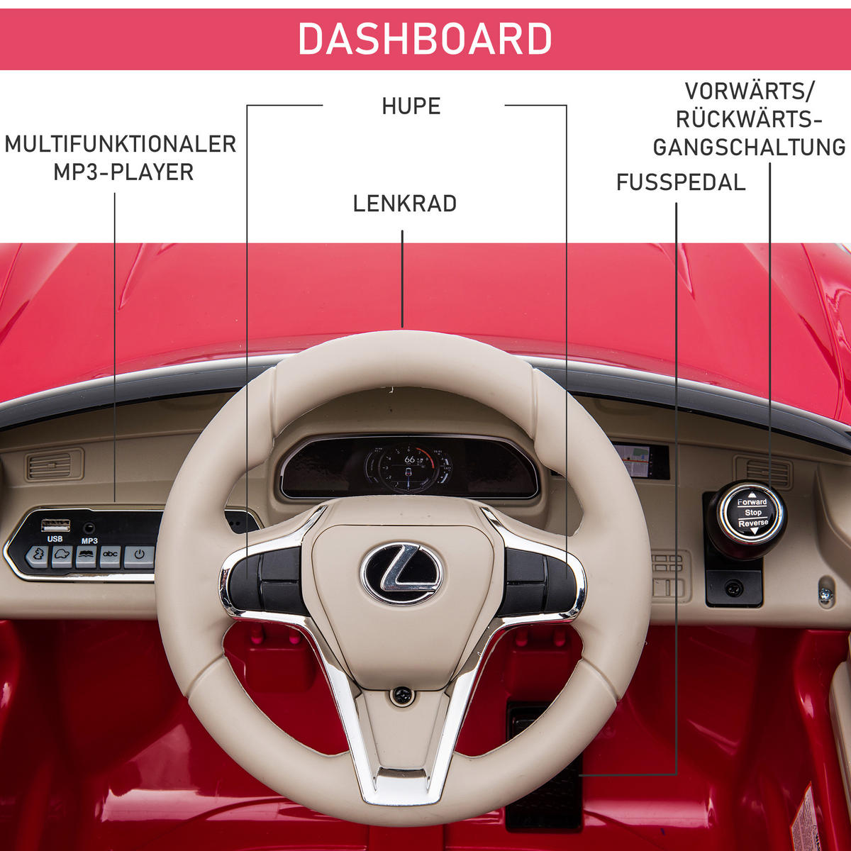 KINDERAUTO von Lexus Kinderfahrzeug Elektroauto mit MP3 Licht Musik Rot - Rot, Kunststoff (106/63/44cm) - HOMCOM