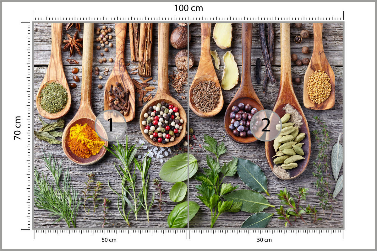 FOTOTAPETE für Küche Kräuter Gewürze Holzlöffel Tisch 100x70 - Gelb/Beige, Papier (100/70cm) - Muralo