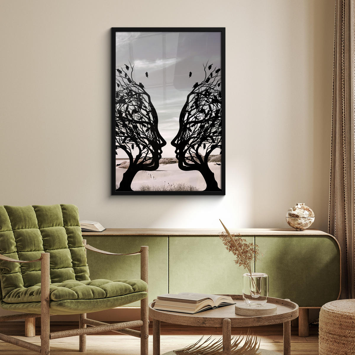 ZARÁMOVANÝ PLAGÁT Pláž - more - ľudia - strom - moderné umenie 60x90 cm - svetlosivá, papier (60/90cm) - MuchoWow