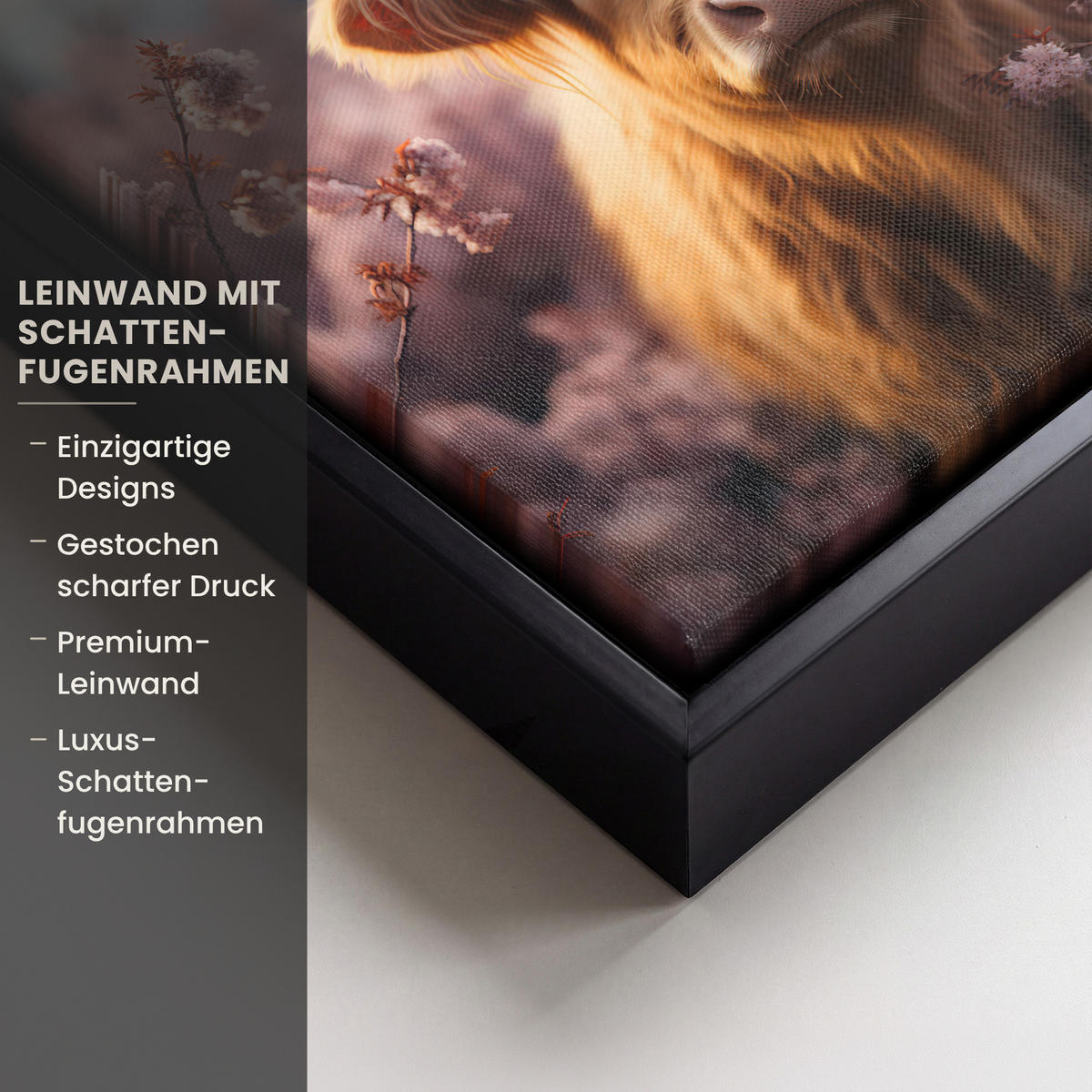 LEINWAND Bilder mit Rahmen - Schottischer Hochländer - Frühling - Hochland - 20x20 - Hellrosa, Textil (20/20cm) - MuchoWow