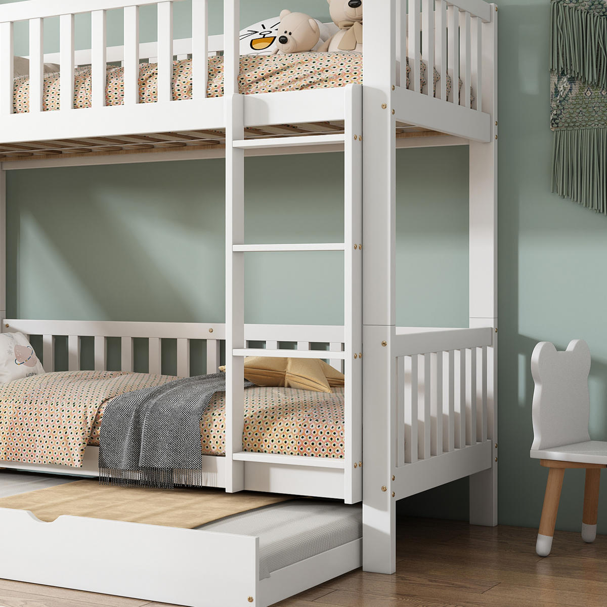 ETAGENBETT 90/200 cm mit Rollbett 90/190 cm, Rutsche und Regalen, Weiß - Weiß, Holzwerkstoff (90/200cm) - BEAOK