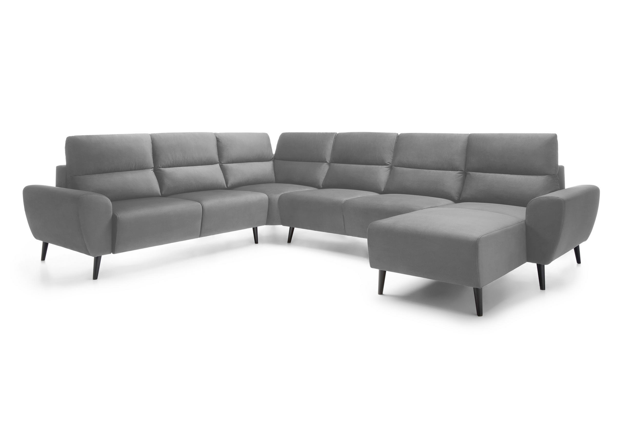 ECKSOFA BOSCO U-Form, Monolith-Stoff, freistehend, mit verstellbaren Kopfstützen, Sofa für Familien, Größe: 340x270x98cm, Farbe: Esche - Silberfarben, Holz/Textil (340/270cm) - DomoHome