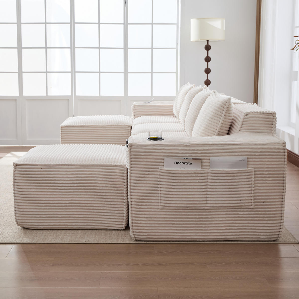 WOHNLANDSCHAFT 330/162/75 cm Beige mit 2 Fußhocker, Getränkehalter und Seitentaschen - Beige, Textil (330/75/162cm) - Oxeza