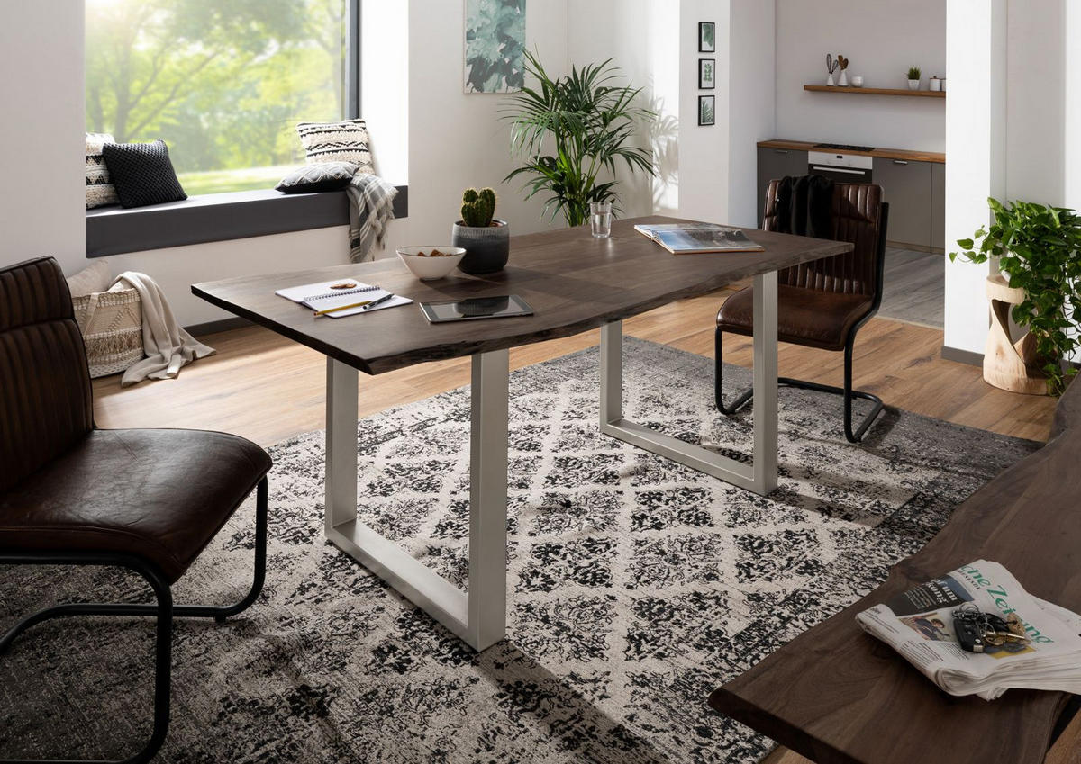 BAUMTISCH Akazie 200x100x76 grau Beine silber matt FREEFORM 3 - Grau, Holz (100/200/76cm) - Massivmoebel24
