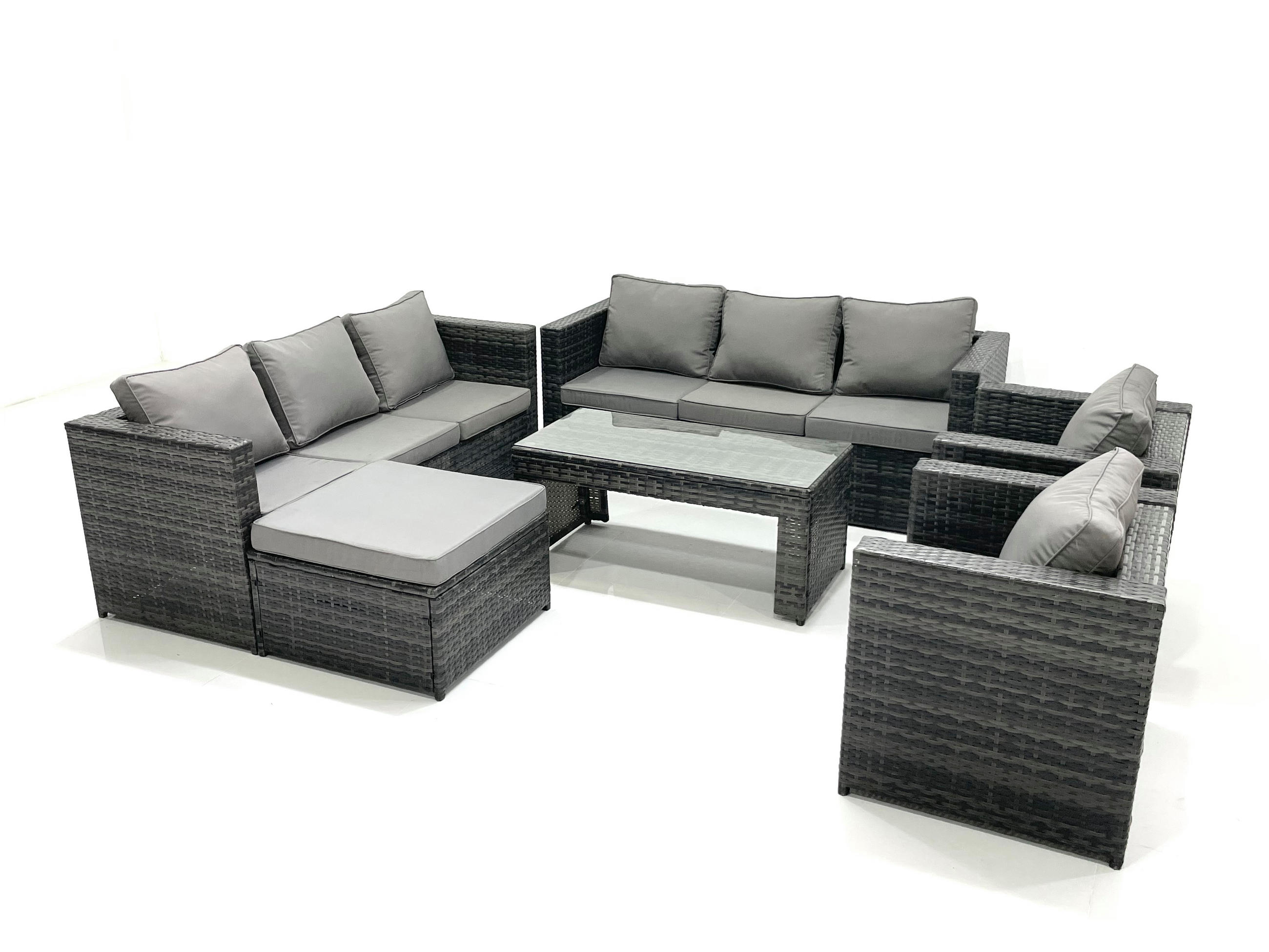 GARTENMÖBEL COUCHTISCH SET mit Sofa Polyrattan Outdoor 9-Sitzer - Dunkelgrau/Grau, Glas/Kunststoff - Fimous