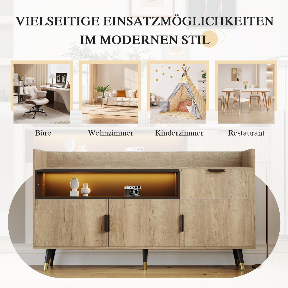 KOMODA 160 cm přírodní dřevo a černá s otevřeným regálem, zásuvkou a dvířky v moderním stylu - přírodní, kompozitní dřevo (160/82/35cm) - Urban Meuble
