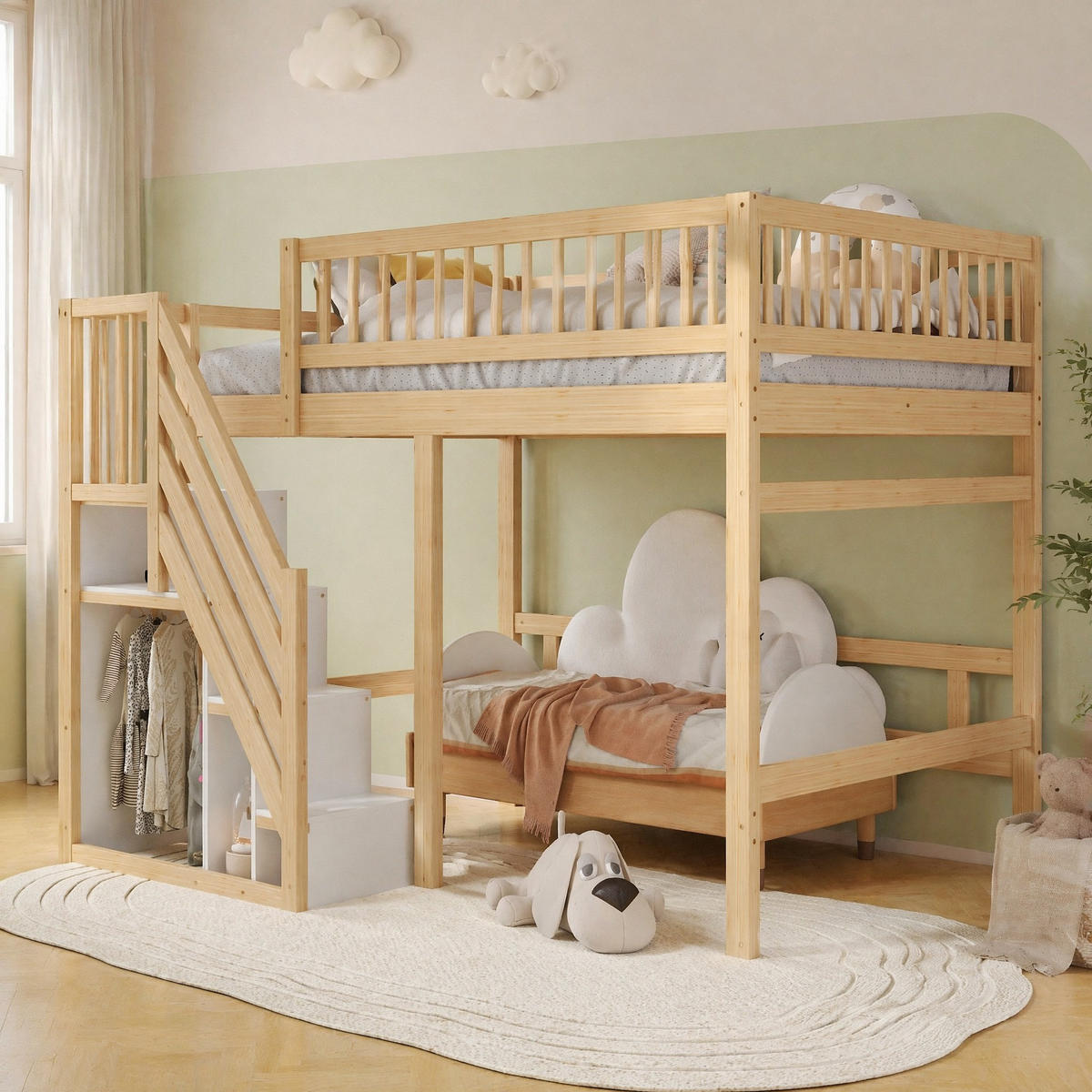 HOCHBETT 140/200 mit Stauraumtreppe und hohem Geländer in Holzfarbe - Naturfarben, Holz (140/200cm) - EVRYAE