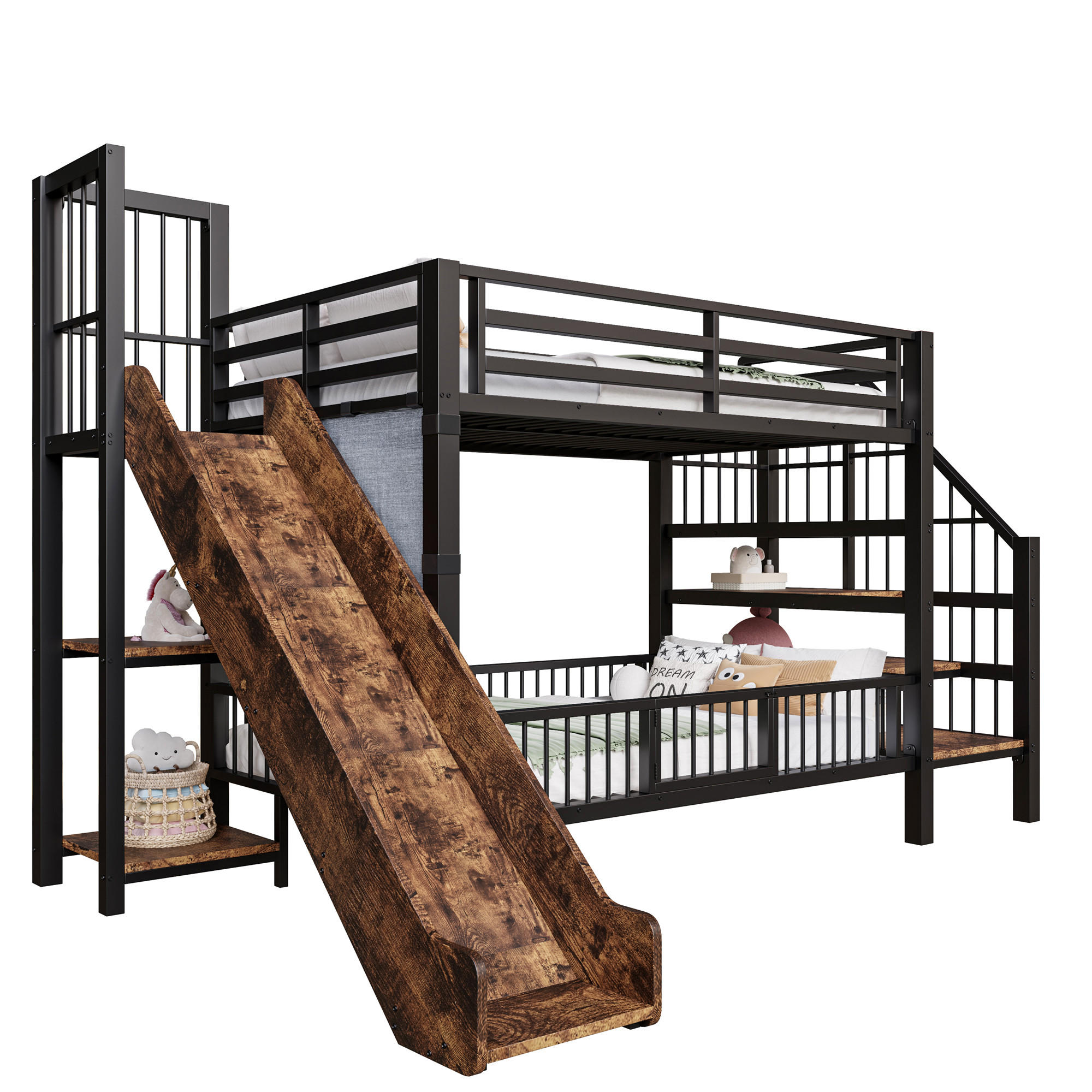 METALL- ETAGENBETT Kinder Schwarz 90/200 cm mit Rutsche und Stauraumtreppe - Schwarz, Metall (90/200cm) - ComfortXL