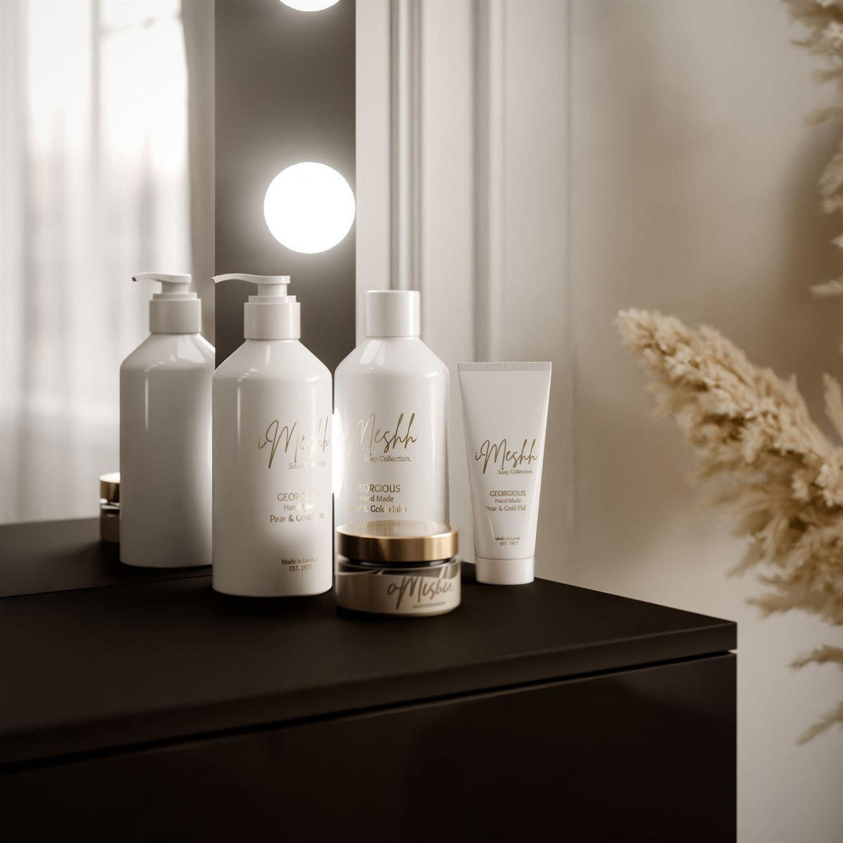 SCHMINKTISCH BLANCO mit Spiegel und Beleuchtung Gold Chrom Schwarz Hochglanz PUSH OPEN - Schwarz Hochglanz/Goldfarben, Holzwerkstoff (100/146/42cm) - Lookway