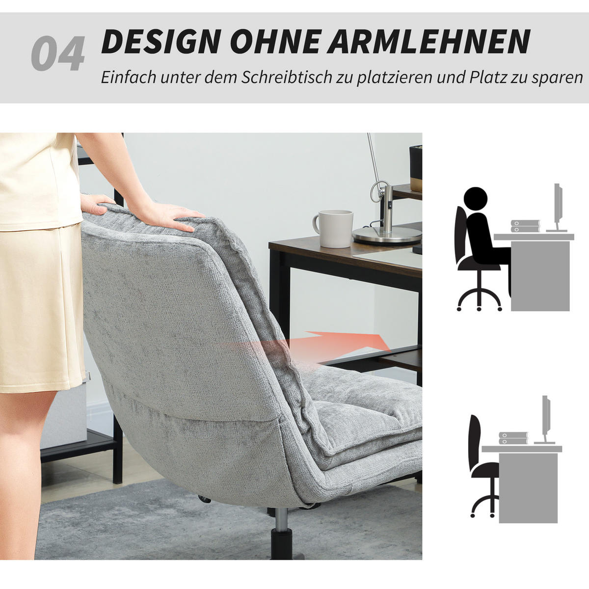 BÜROSTUHL Ohne Armlehnen Gepolsterter Schreibtischstuhl mit Breiter Polster - Schwarz/Grau, Textil/Metall (63.5/102/81cm) - HOMCOM