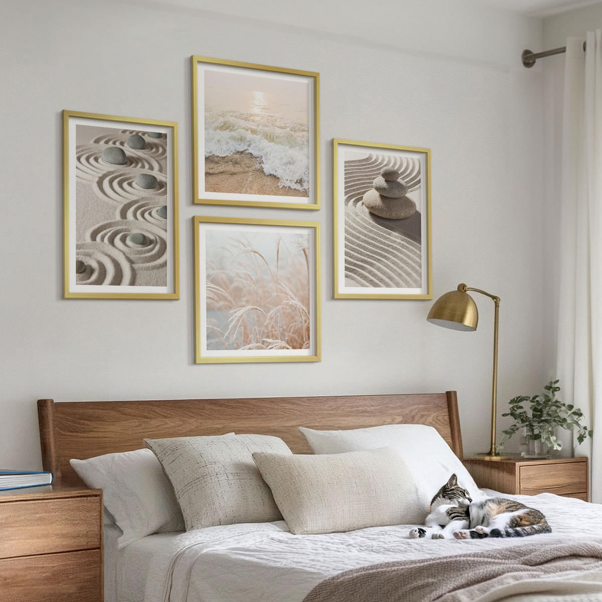 BILDER SET 4er Set - 50x50 cm & 40x60 cm Goldrahmen - Wellen, Sand, Wasser, Steine, Strand - Goldfarben, Kunststoff (50/50cm) - TULUP