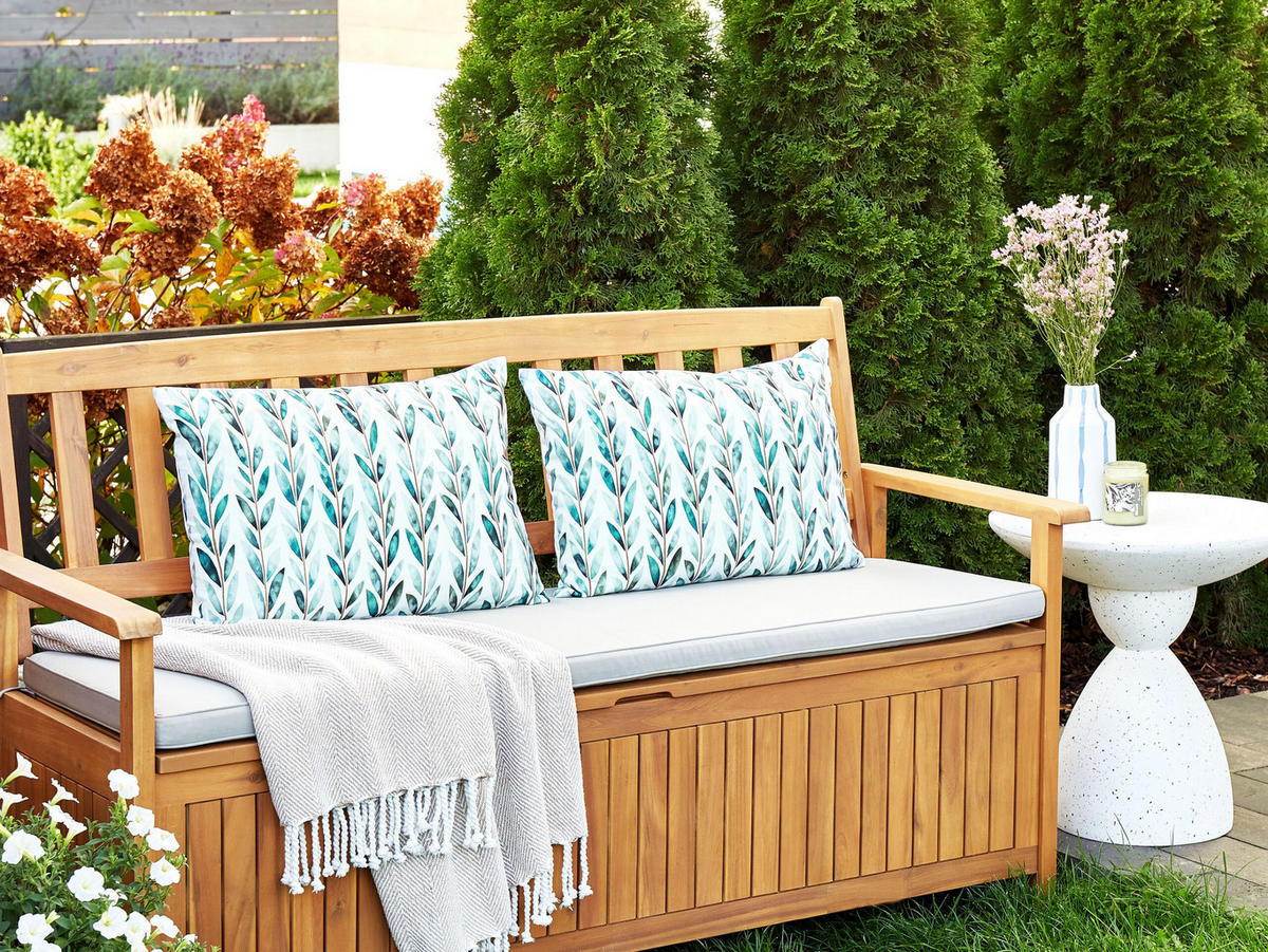 GARTENKISSEN 2er-Set Blattmotiv weiß/grün 40/60 cm Loano - Weiß, Textil (40/60cm) - Beliani