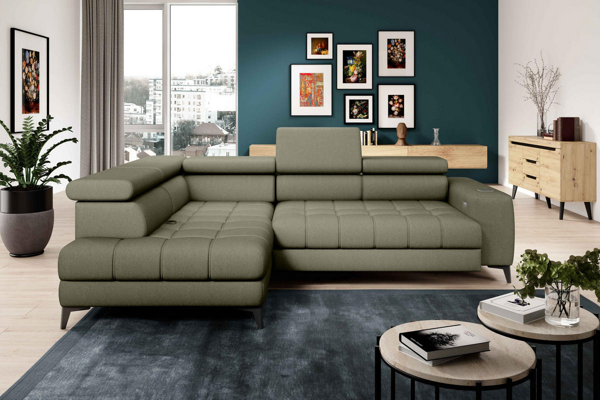 ECKSOFA BAGGIO Letto Stoff, Schlaffunktion, Bettkasten, Sitztiefe, Kopfstützen 280x196cm – Links – Hellgrün - Hellgrün, Holz/Textil (196/280cm) - DomoHome