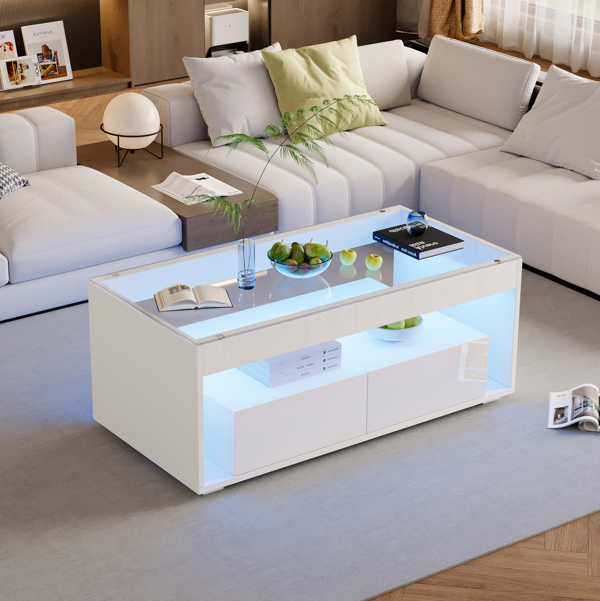 COUCHTISCH 100/50/40 cm in Weiß mit LED-Beleuchtung und 2 Schubladen - Weiß, Holzwerkstoff (100/50/40cm) - Flora Grace