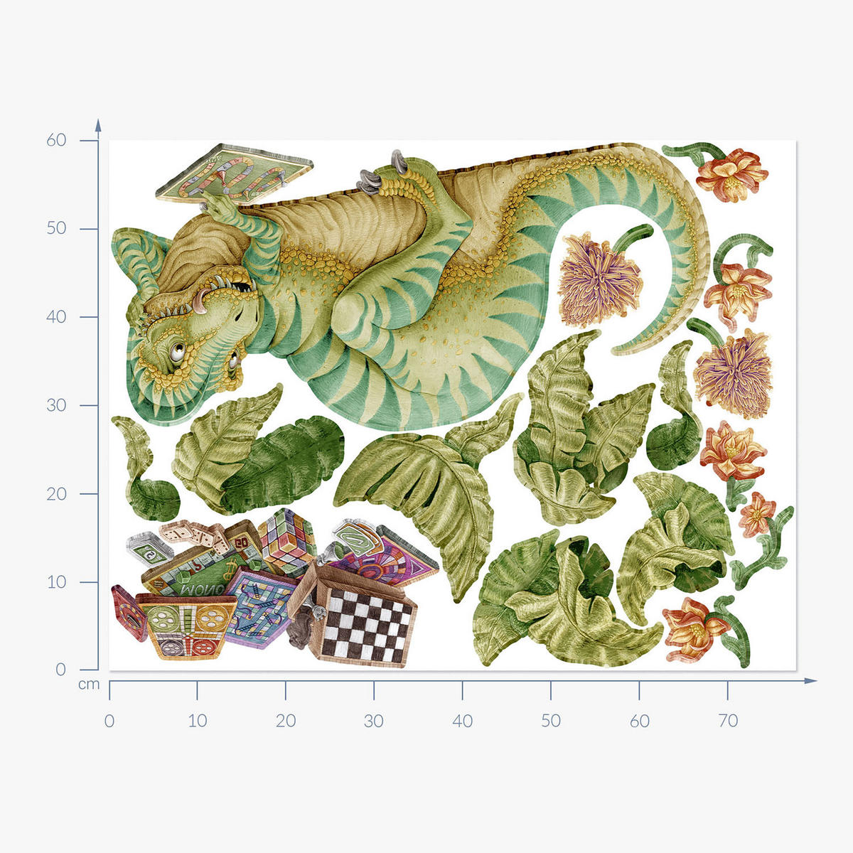 WANDAUFKLEBER 60x78cm - Dino mit einem Brettspiel - Multicolor, Kunststoff (60/78/0.1cm) - Wallfluent
