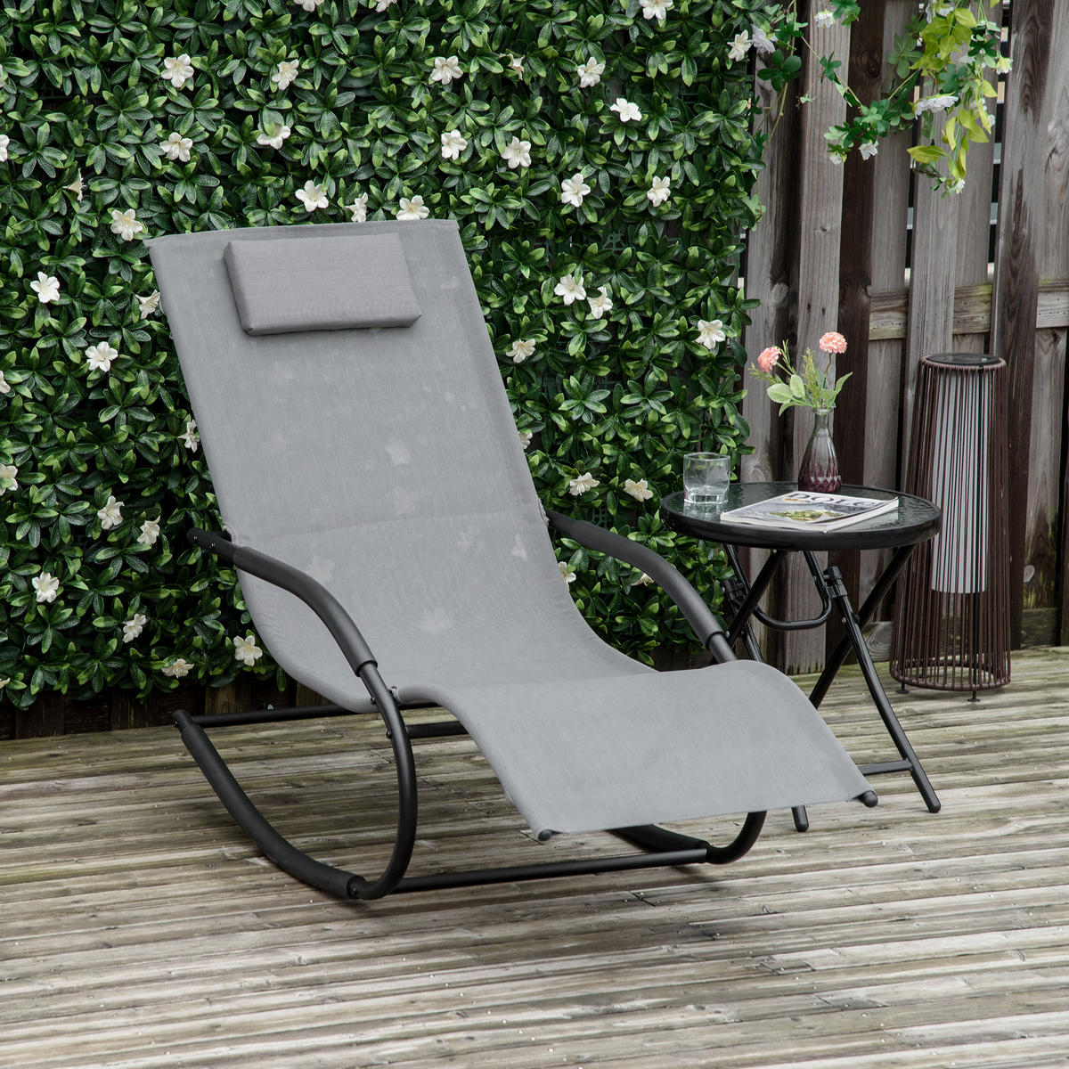 GARTENSCHAUKELSTUHL DE-15254 ergonomisch mit Kopfstütze und Armlehnen Grau - Grau, Metall (160/88/63cm) - ComfortXL