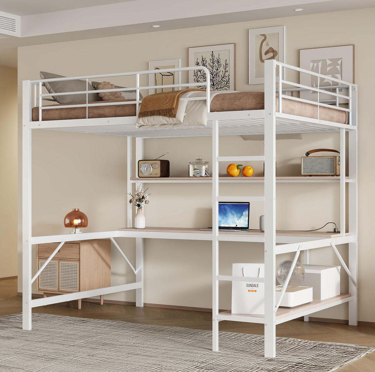 HOCHBETT 140/200 cm Weiß aus Metall mit Schreibtisch - Weiß, Metall (140/200cm) - OKMYHOME