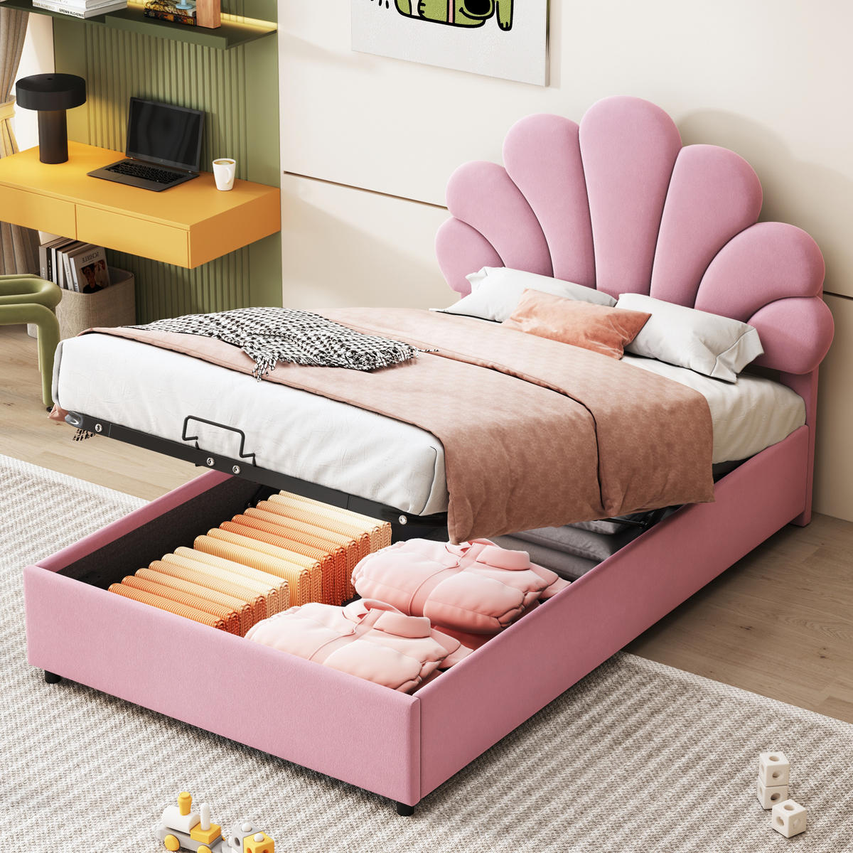 KINDERBETT 90/200 cm in Rosa aus Samt mit Stauraum und floralem Kopfteil - Rosa, Textil (90/200cm) - Flora Grace