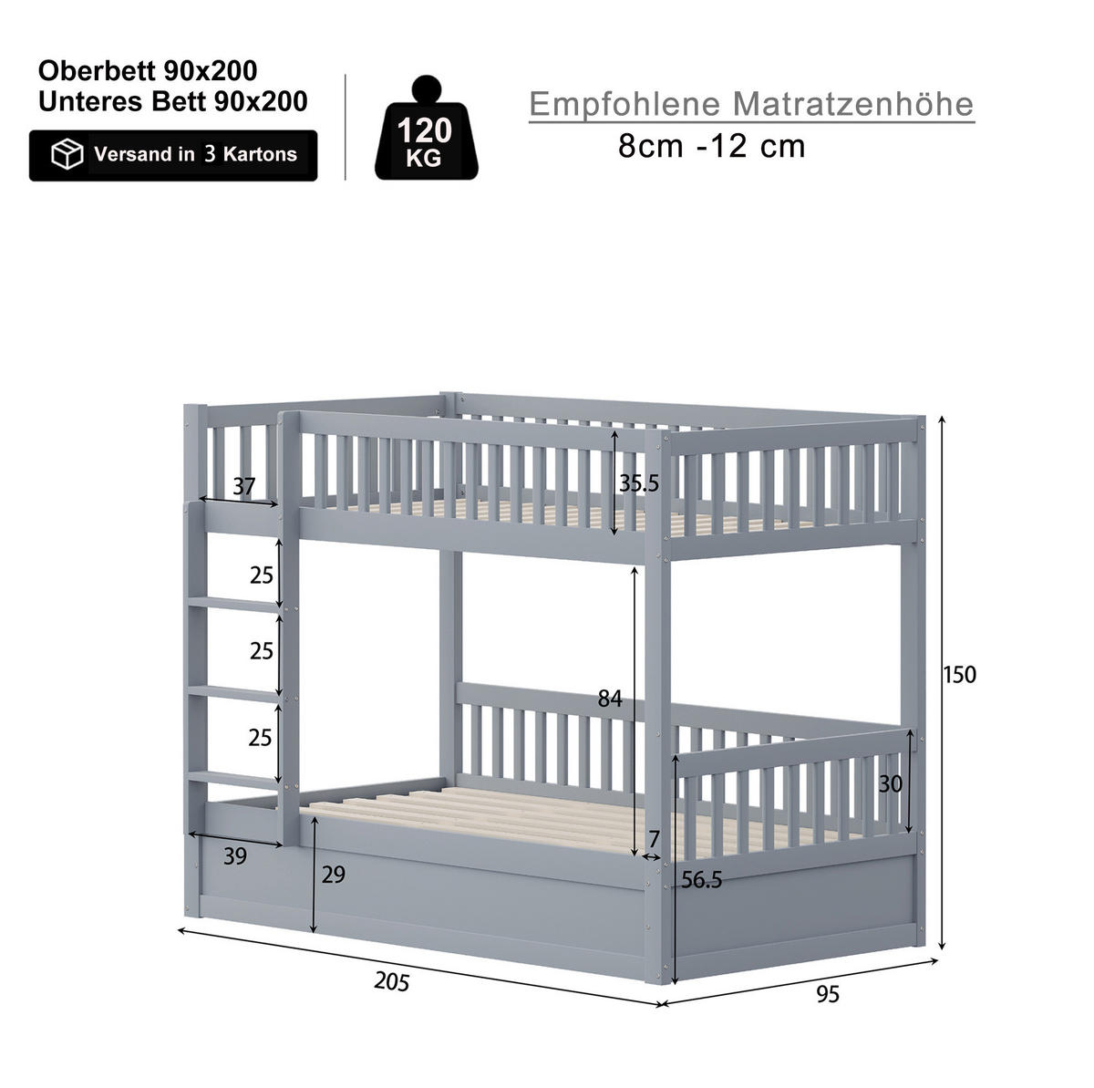 ETAGENBETT mit hydraulischem Stauraum 90x200 cm Massivholz Grau - Grau, Holzwerkstoff (90/200cm) - Beauniv