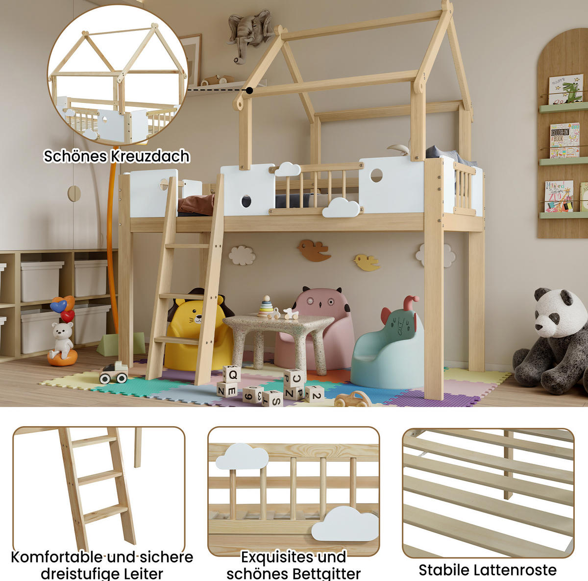 HOCHBETT aus Kiefernholz, MDF und Sperrholz 90x200 cm Weiß/Natur mit Dachdesign und Fallschutz - Naturfarben, Holzwerkstoff (90/200cm) - IVMEU