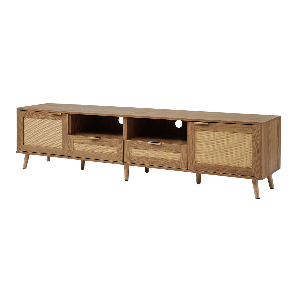 LOWBOARD DE-40110 mit Rattan-Flechtfront und Massivholzfüßen Oak - Eichefarben, Holzwerkstoff (200/49/37cm) - ComfortXL