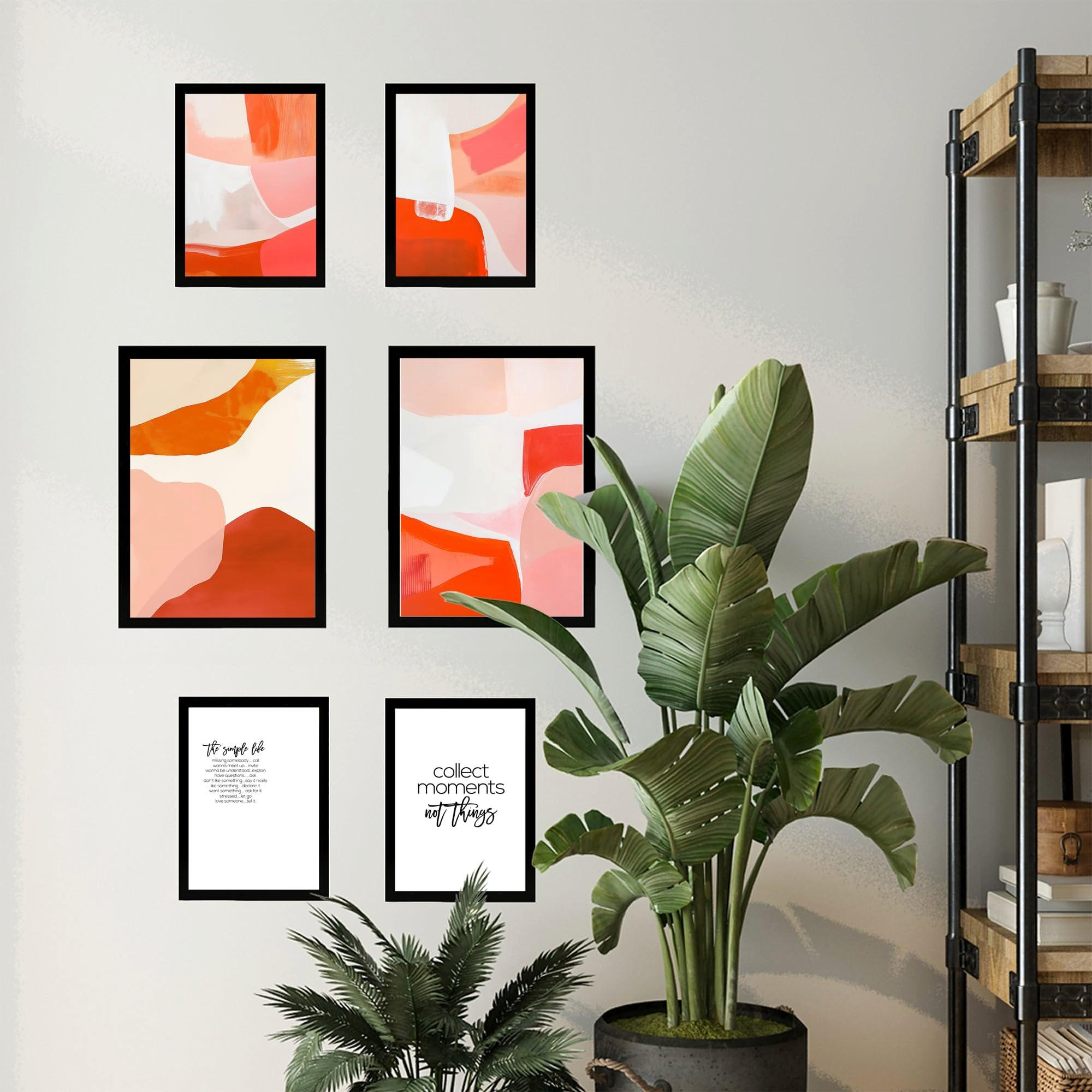 POSTER Set Mit 6 Abstrakte Farben Orange Rot Weiß Formen A3 & A4 Schwarzer Rahmen - Schwarz, Papier (29/3cm) - Nacnic